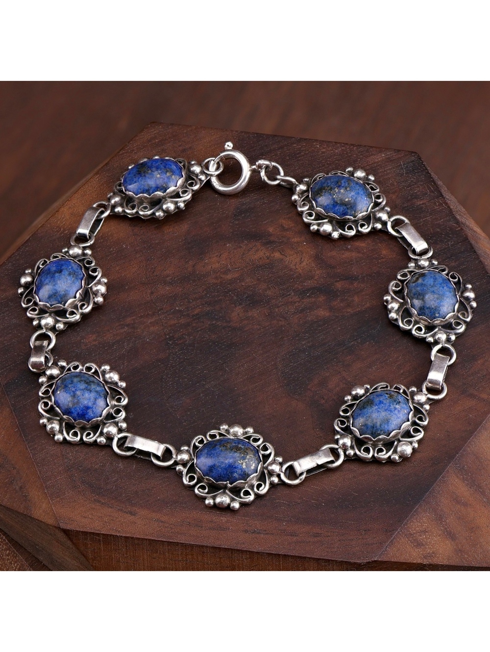 Vintage Alltribes Sterling Silver Lapis Lazuli Link Bracelet 7.5" Southwestern